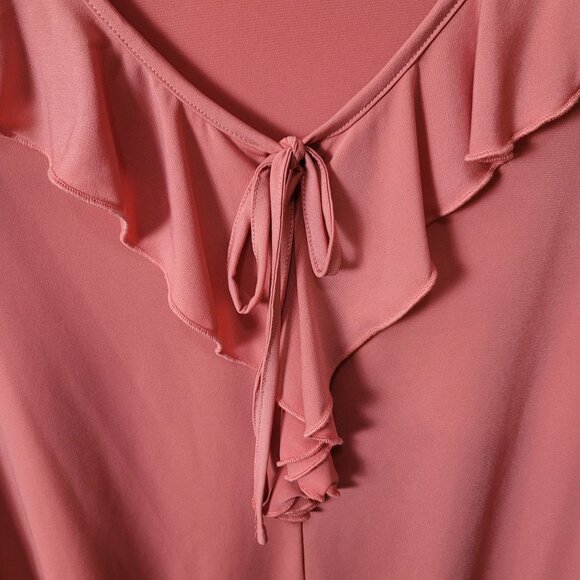 Southern Lady Pink Ruffled V-Neck Blouse W/Tie Front & 3/4 Sleeves Med. - Picture 6 of 13